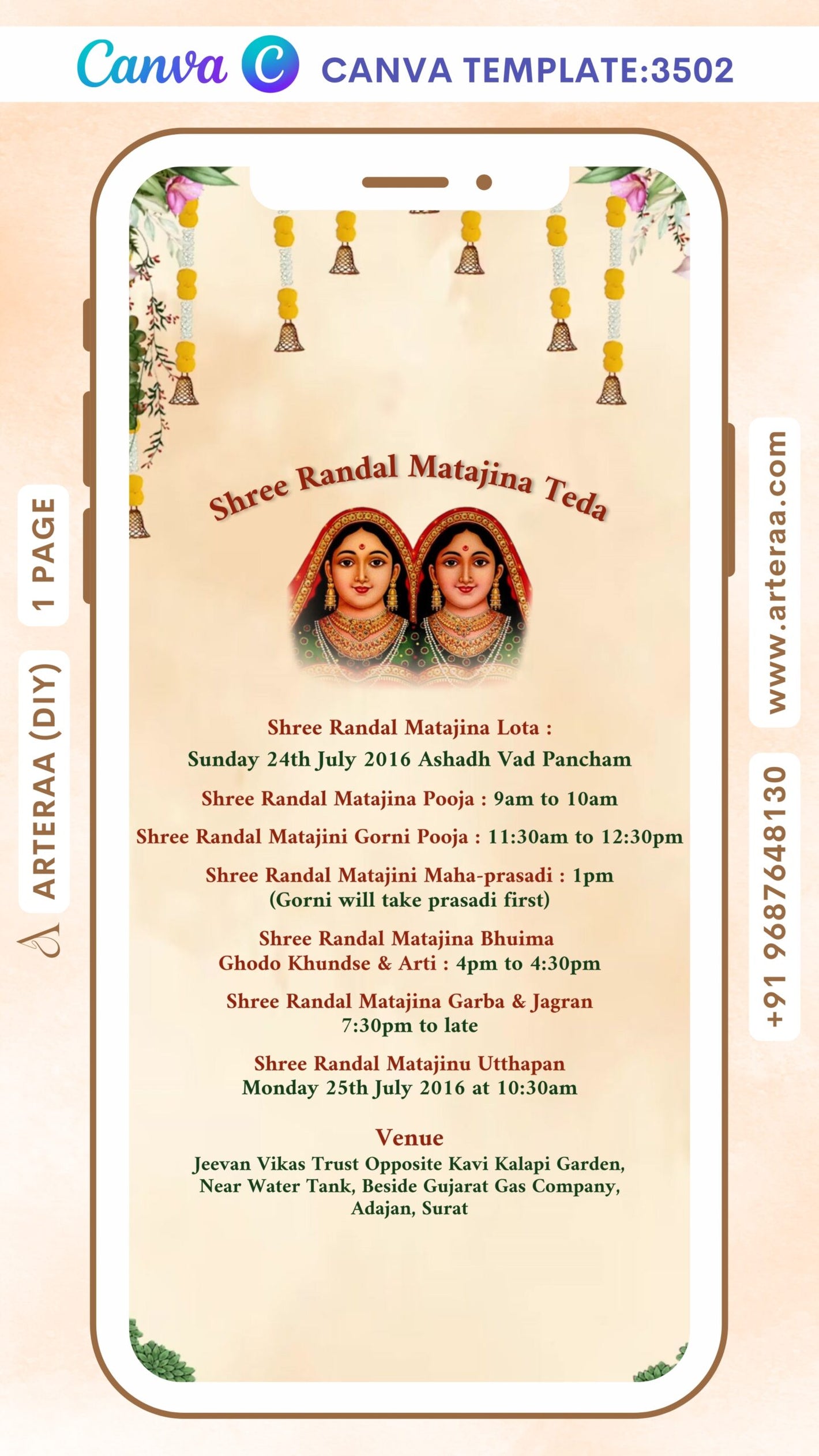 Randal na Teda invitation Canva Editable video Template in gujarati language with flower, leaves, Garland as Garden theme design 3502