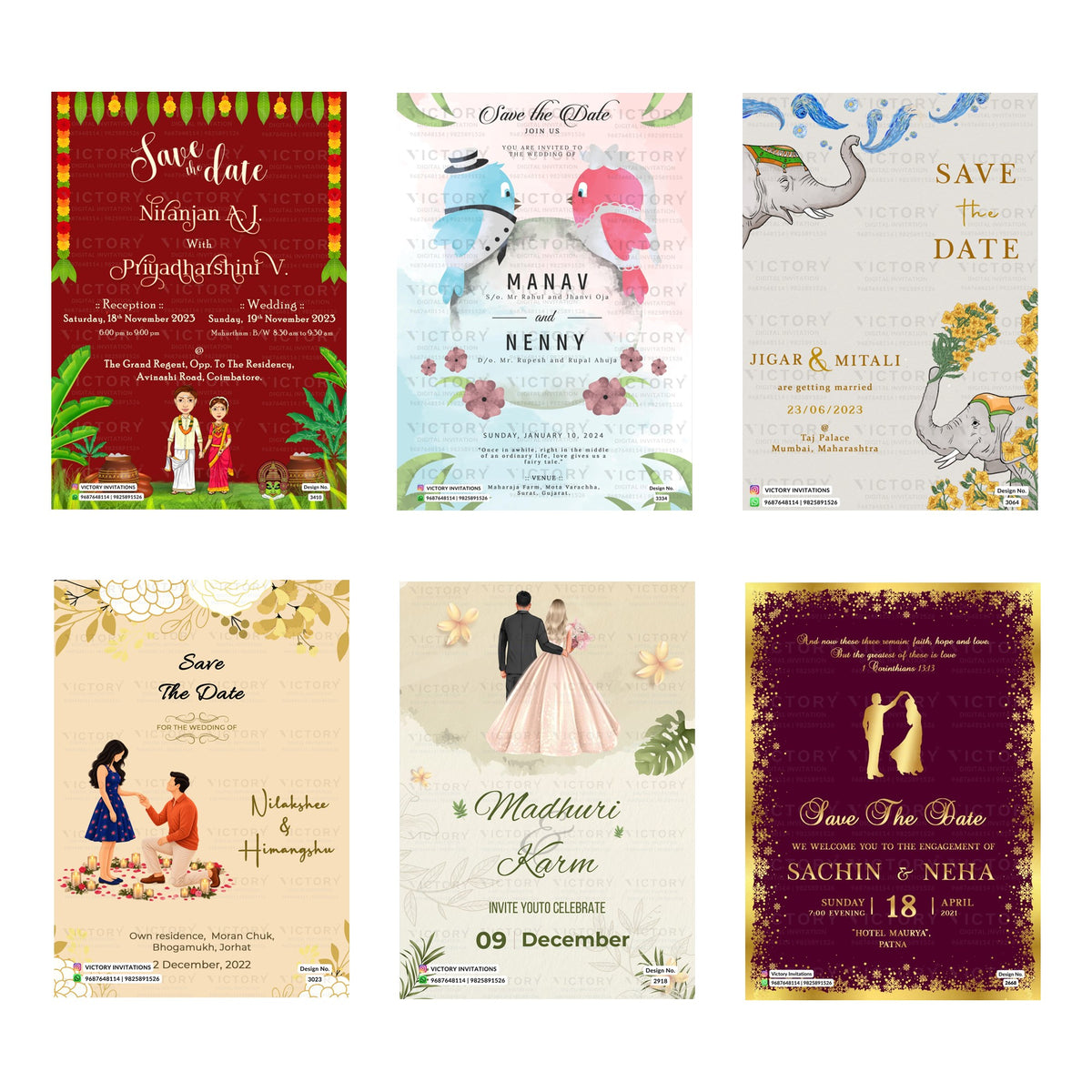 Six wedding save-the-date invitation card designs arranged in a 2x3 grid. The designs feature different color schemes and illustrations: red and green traditional patterns, blue and pink birds, elephants, floral watercolor details, and gold and deep maroon backgrounds with couple illustrations.