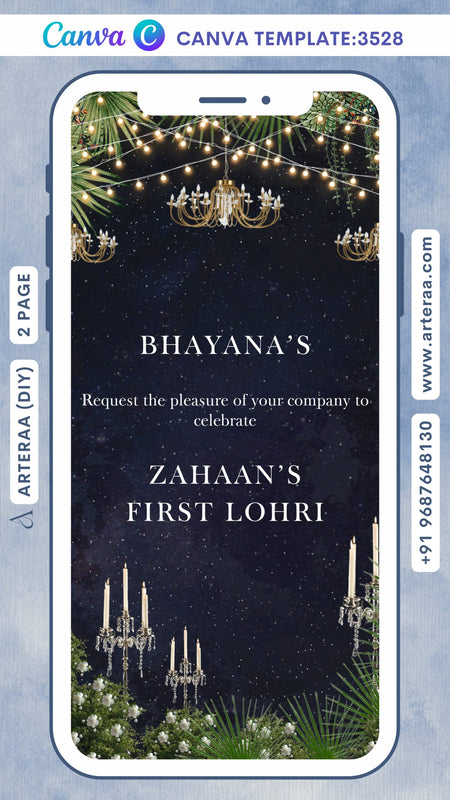 Lohri invitation Canva Editable video Template in english language with Chandeliers, leaves, flower, Light as glittery theme design 3528