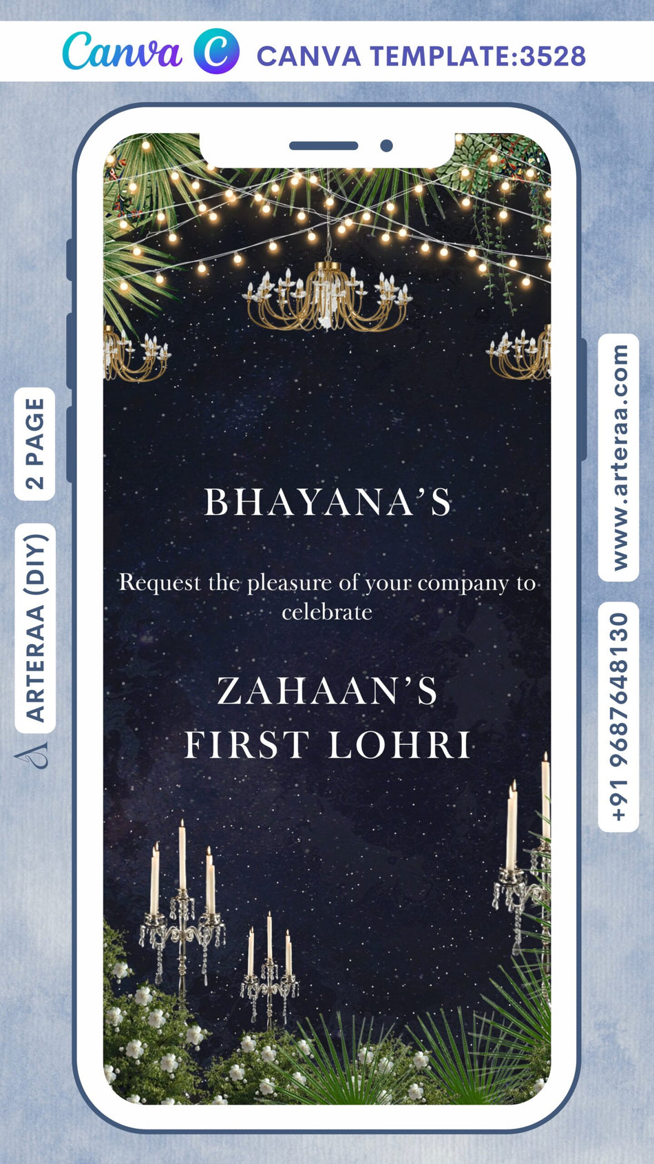 Lohri invitation Canva Editable video Template in english language with Chandeliers, leaves, flower, Light as glittery theme design 3528