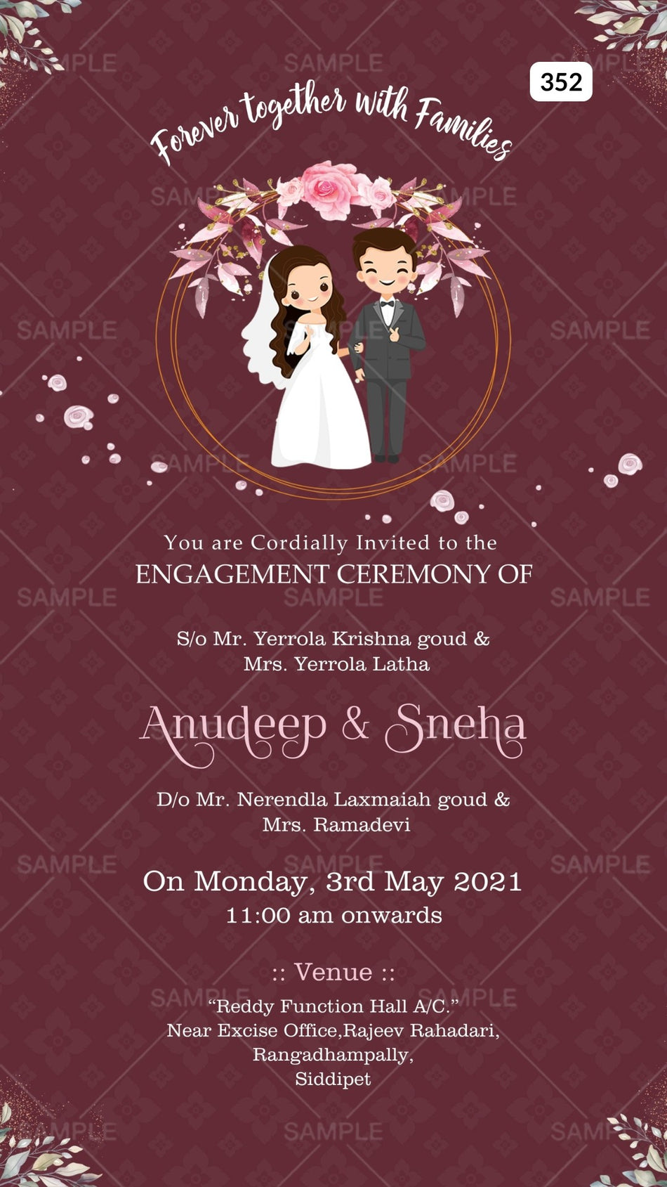 Engagement ceremony invitation card Canva Editable Template in english language with round frame as floral theme design 352