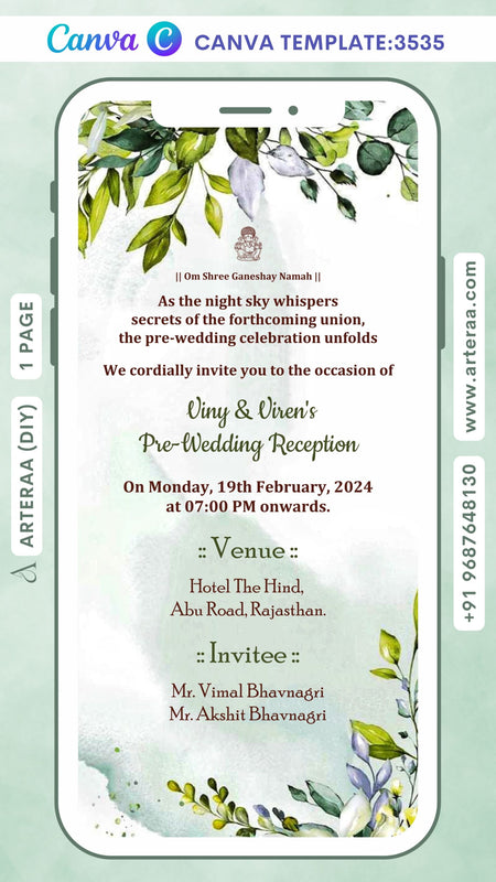 Pre Wedding Reception ceremony invitation Canva Editable video Template in english language with leaves as artistic leaves theme design 3535