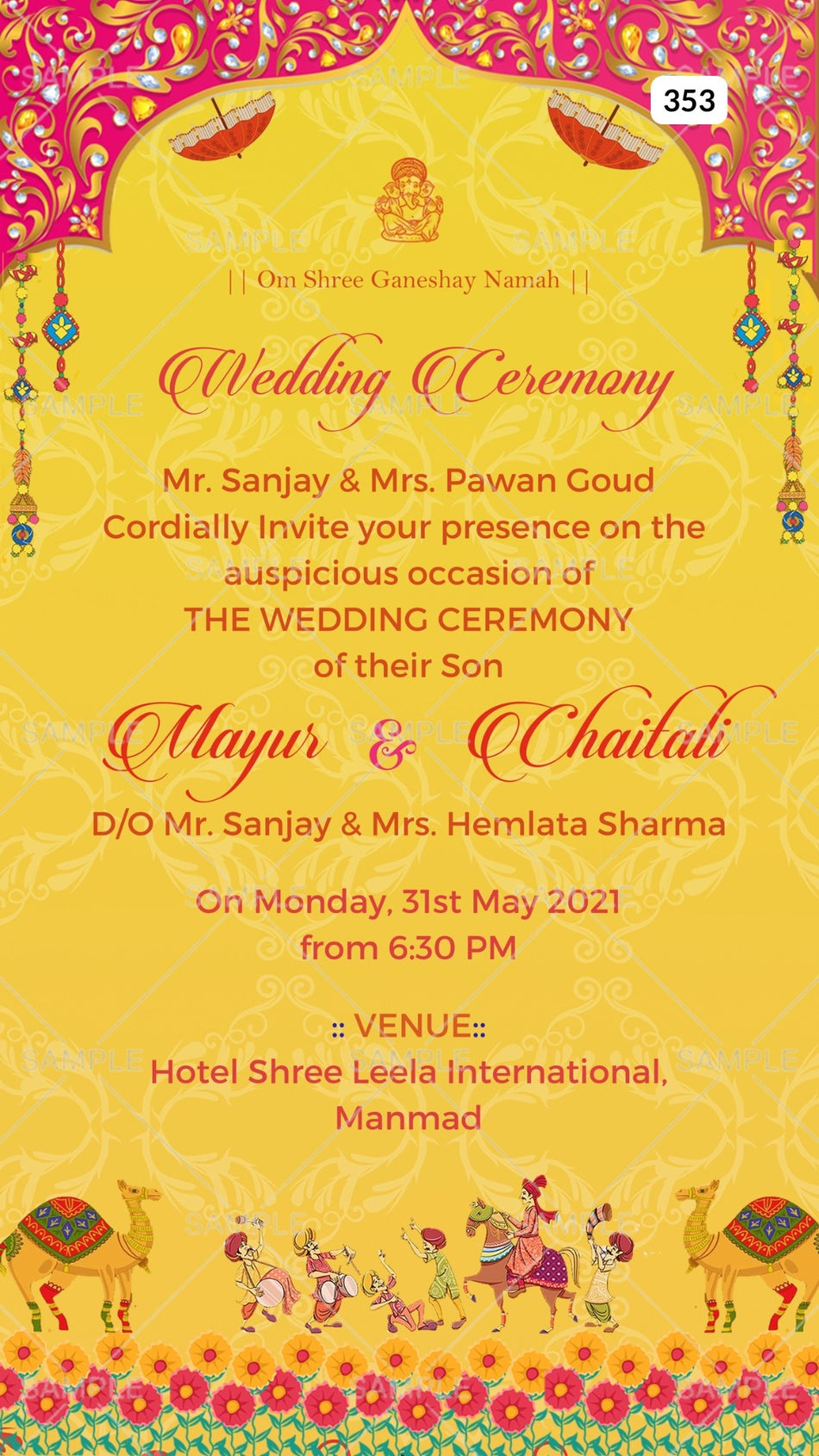 Wedding ceremony invitation card Canva Editable Template of hindu maharashtrian marathi family in english language with  Arch theme design 353