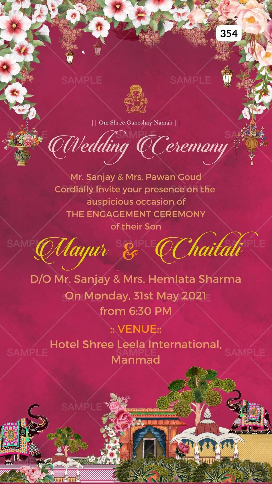 Wedding ceremony invitation card Canva Editable Template of hindu maharashtrian marathi family in english language with Traditional theme design 354