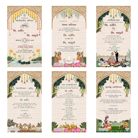 Traditional Gujarati wedding digital invitation card set 3551 featuring Hardik and Madhuri, Sangeetotsav, Mandaputsav, Fuleku, and Jaan Prasthanotsav templates.