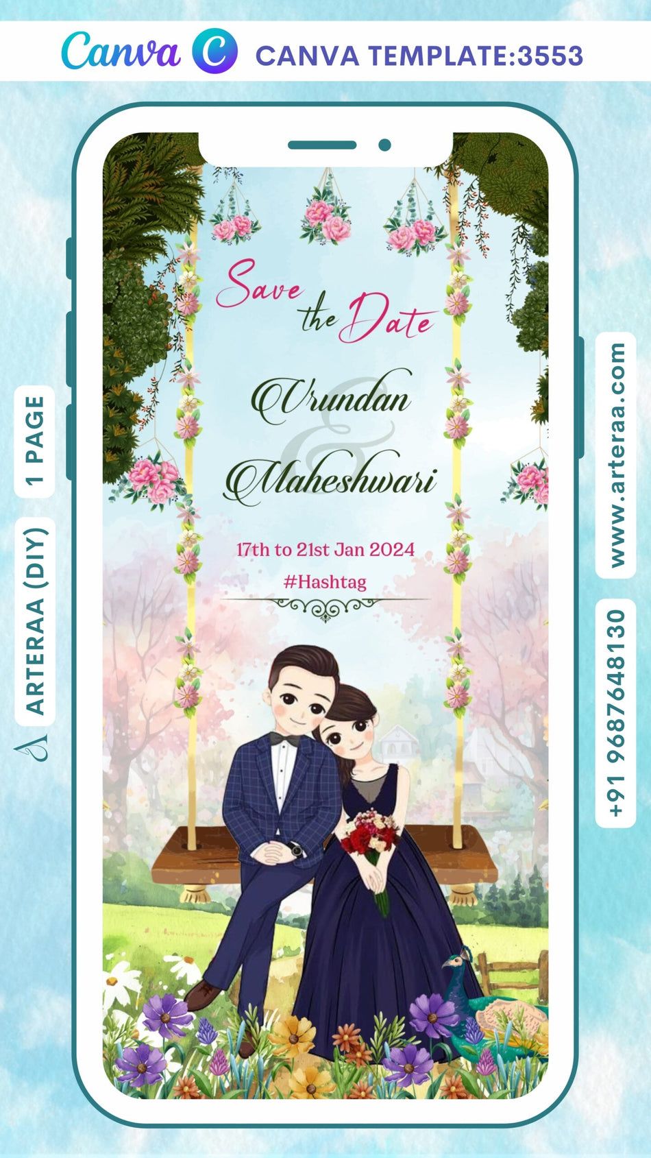 Save the Date invitation Canva Editable video Template in English language with traditional theme design 3553