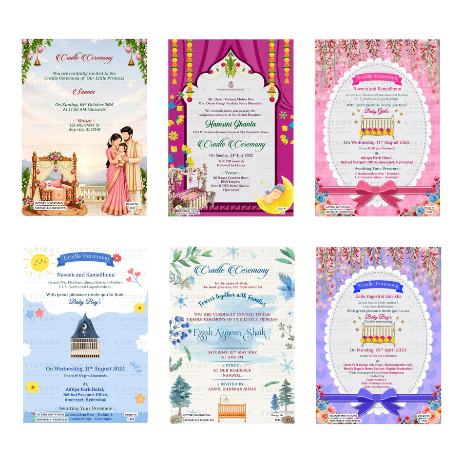 Editable Traditional Mandap & Cute Cartoon Cloud Baby Cradle Ceremony Invitaion PSD Template Bundle A 3553