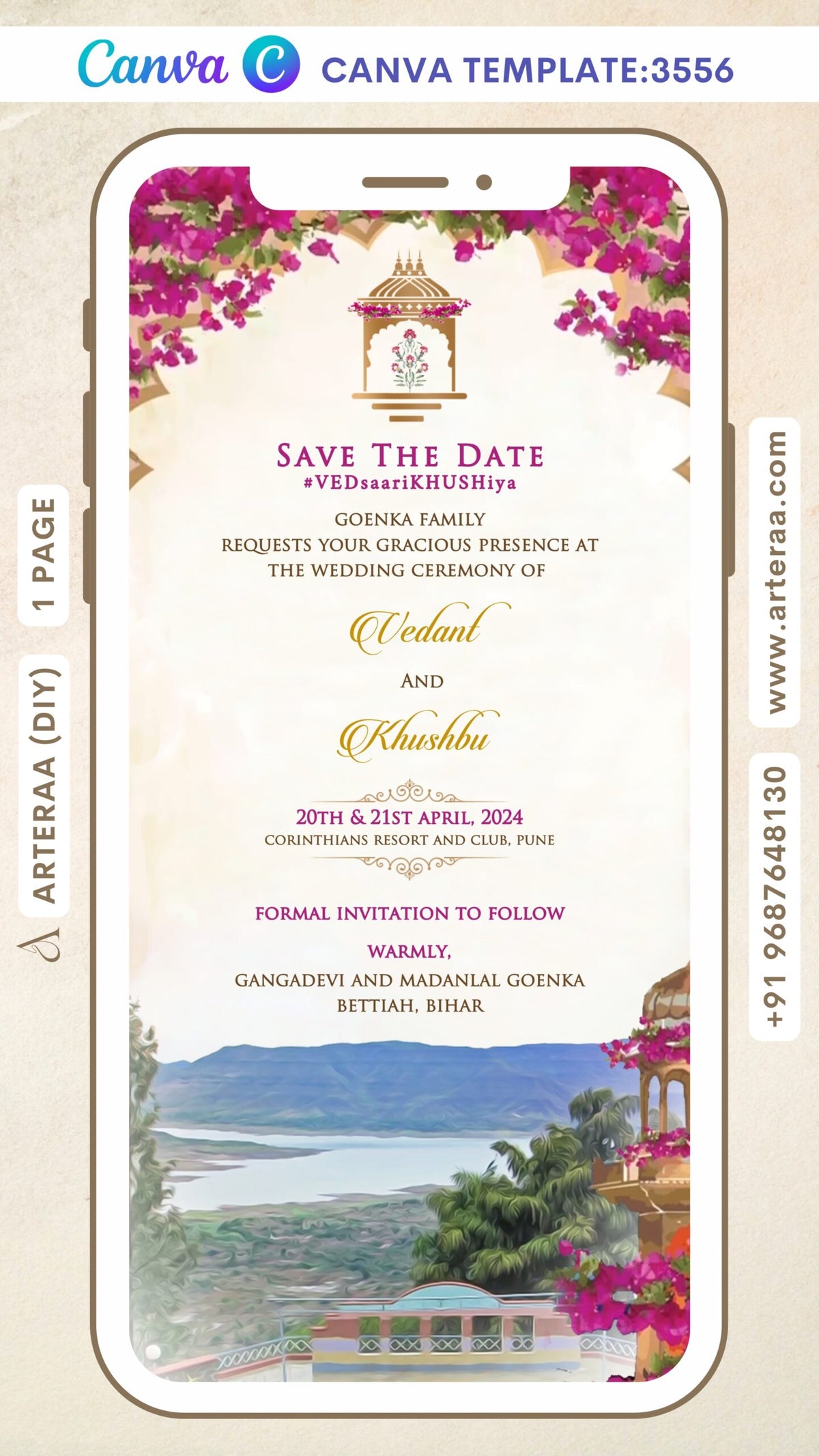 Save the Date Canva Editable video Template in english language with arch as traditional theme design 3556