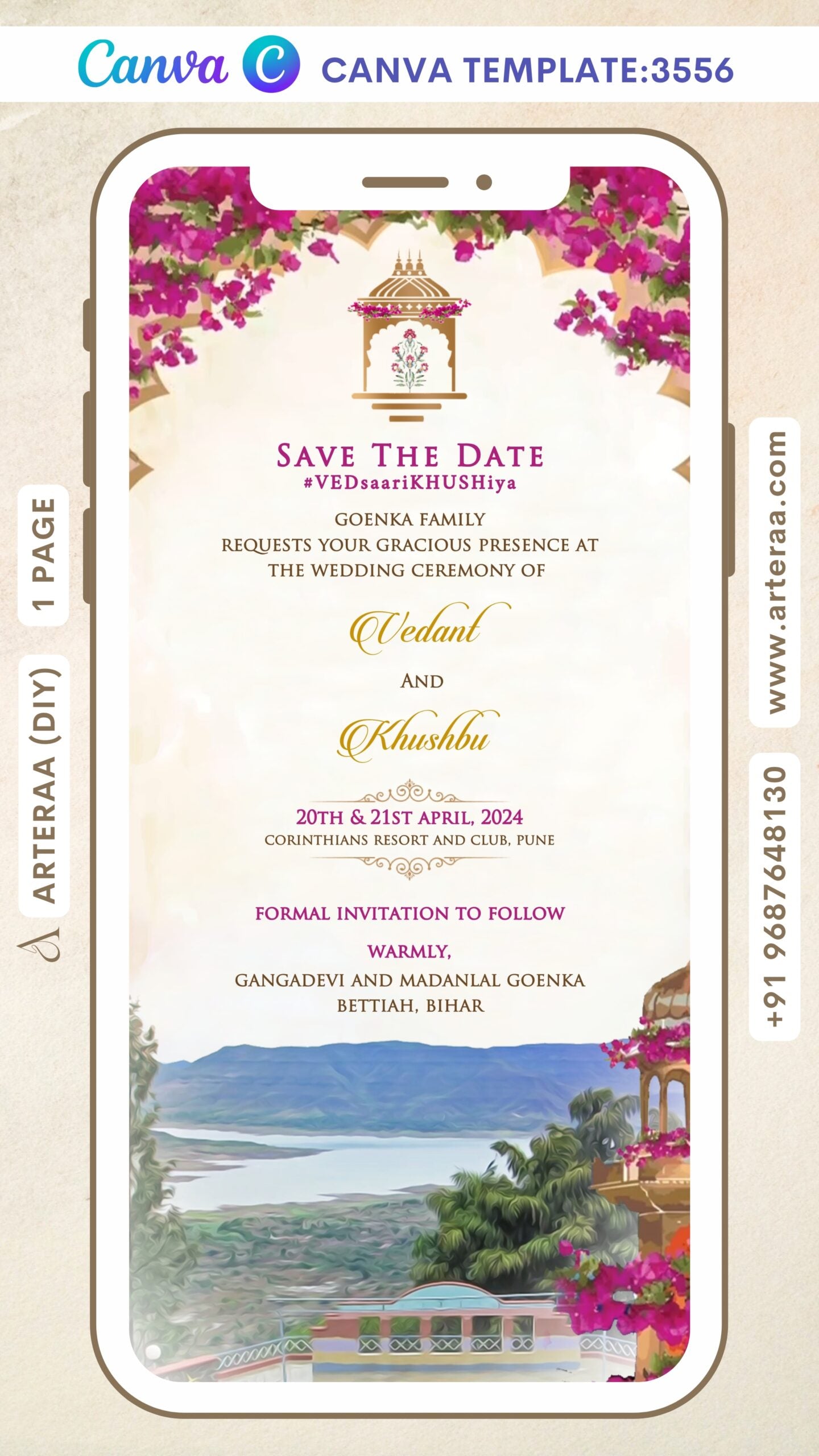Save the Date Canva Editable video Template in english language with arch as traditional theme design 3556