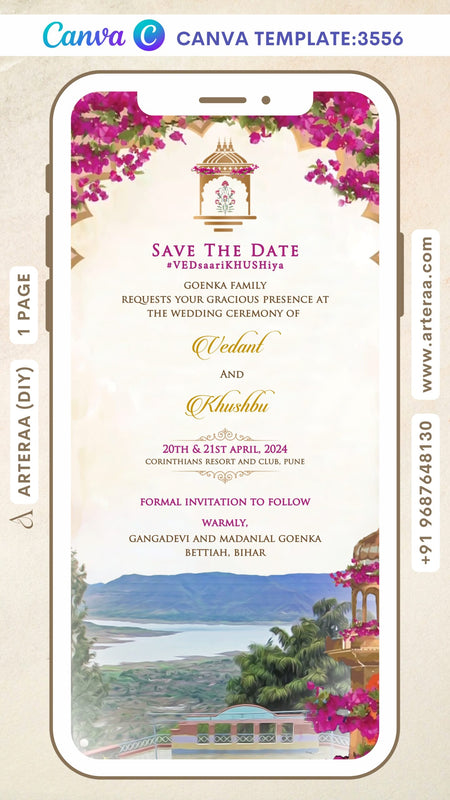 Save the Date Canva Editable video Template in english language with arch as traditional theme design 3556