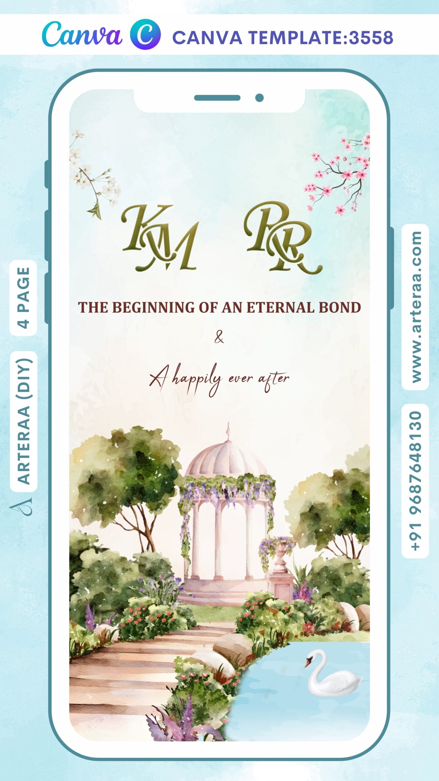 Reception Party invitation Canva Editable video Template in english language with couple logo, calendar as garden theme design 3558
