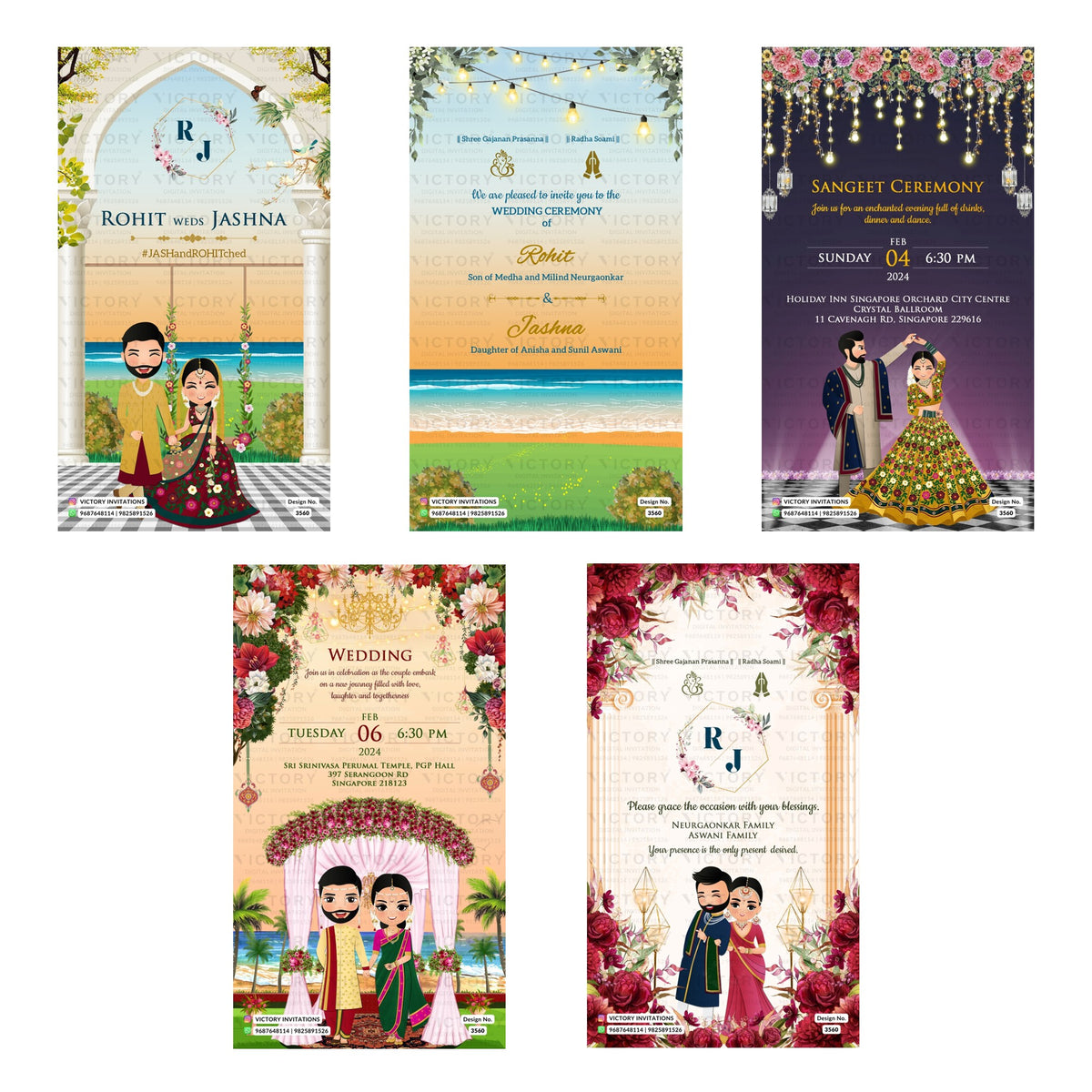 Traditional Indian wedding digital invitation card set 3600 featuring Rohit and Jashna, Sangeet Ceremony, and Wedding templates.