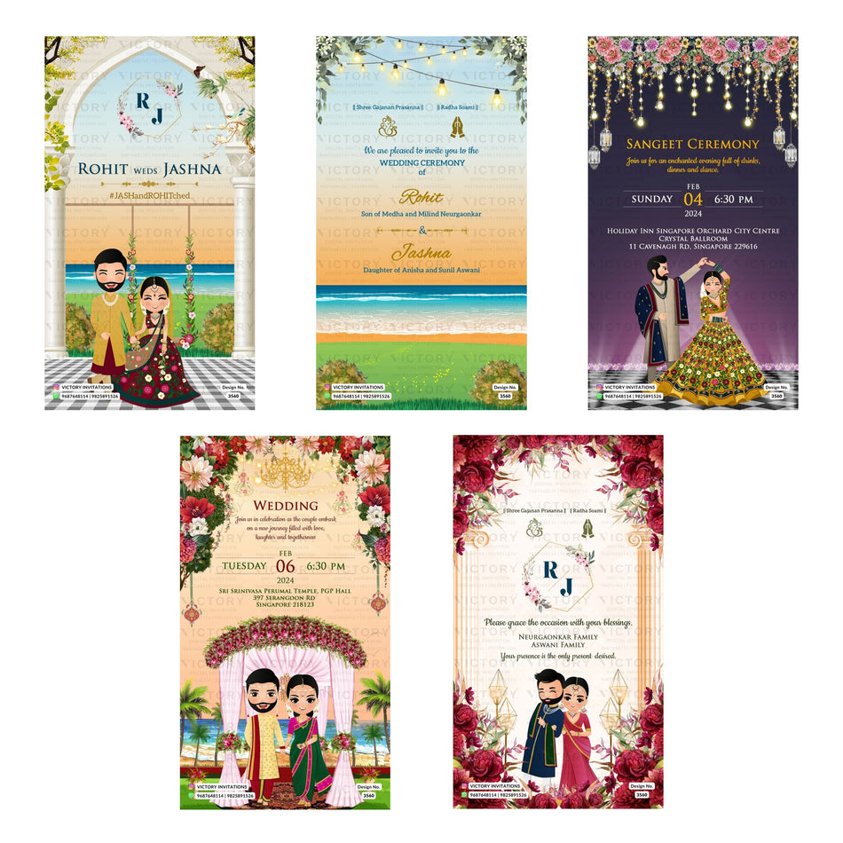 Traditional Indian wedding digital invitation card set 3600 featuring Rohit and Jashna, Sangeet Ceremony, and Wedding templates.