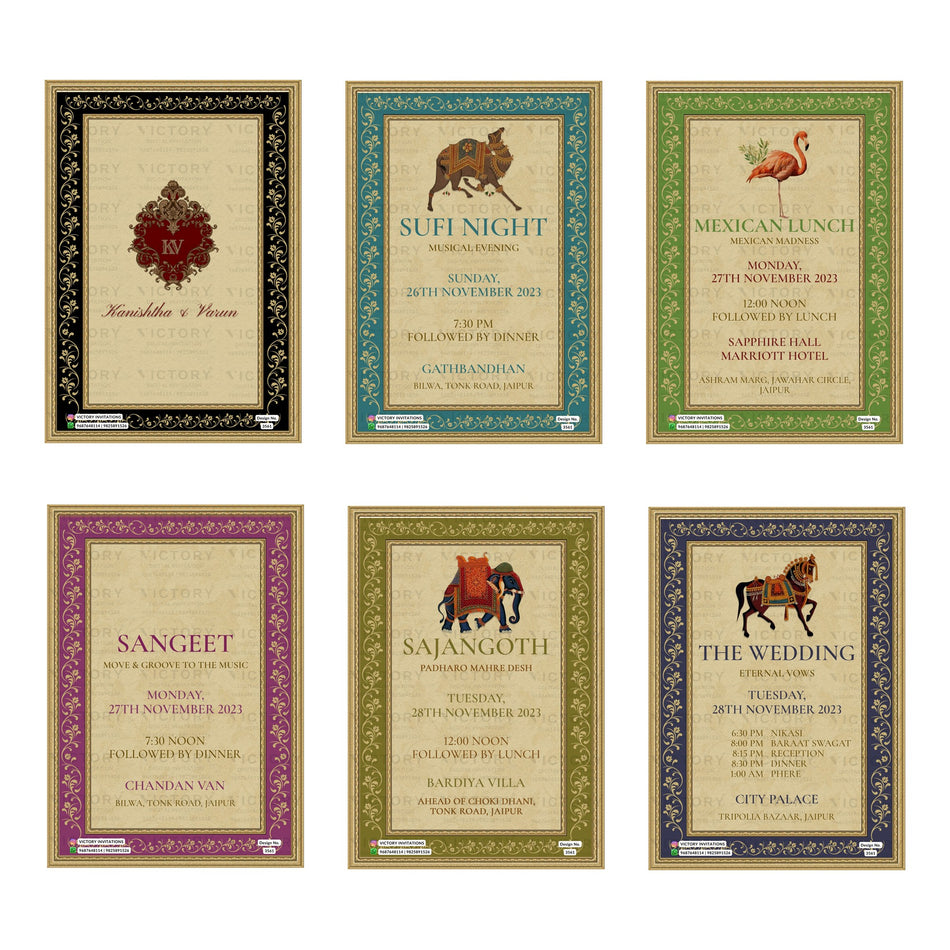 Traditional Indian wedding digital invitation card set 3561 featuring Kanishtha and Varun templates with ornate cultural borders   