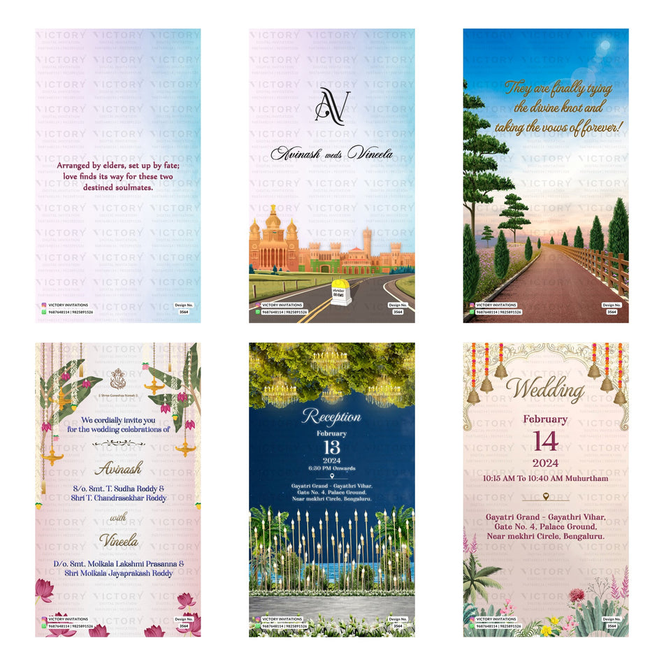 Traditional Indian wedding digital invitation card set 3564 featuring , Reception, and Wedding Muhurtham templates.