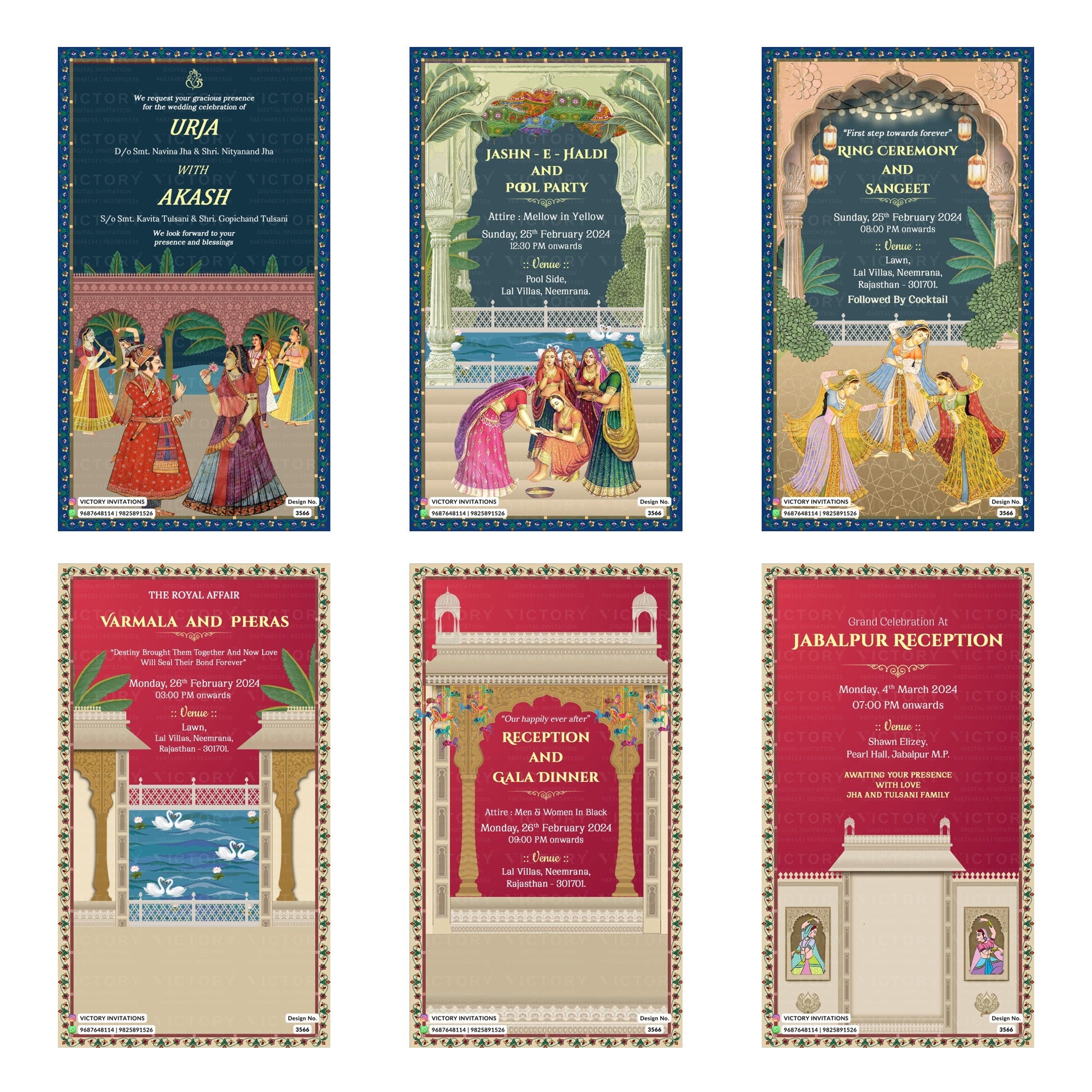 Traditional Indian wedding digital invitation card set 3566 featuring Urja and Akash, Jashn-E-Haldi and Pool Party, Ring Ceremony and Sangeet, Varmala and Pheras, Reception and Gala Dinner, and Jabalpur Reception templates.