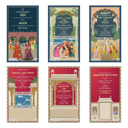 Traditional Indian wedding digital invitation card set 3566 featuring Urja and Akash, Jashn-E-Haldi and Pool Party, Ring Ceremony and Sangeet, Varmala and Pheras, Reception and Gala Dinner, and Jabalpur Reception templates.