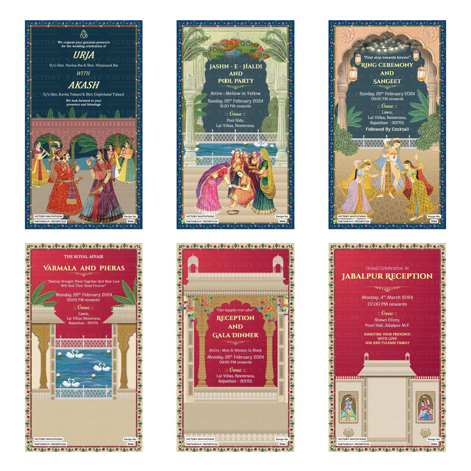 Traditional Indian wedding digital invitation card set 3566 featuring Urja and Akash, Jashn-E-Haldi and Pool Party, Ring Ceremony and Sangeet, Varmala and Pheras, Reception and Gala Dinner, and Jabalpur Reception templates.