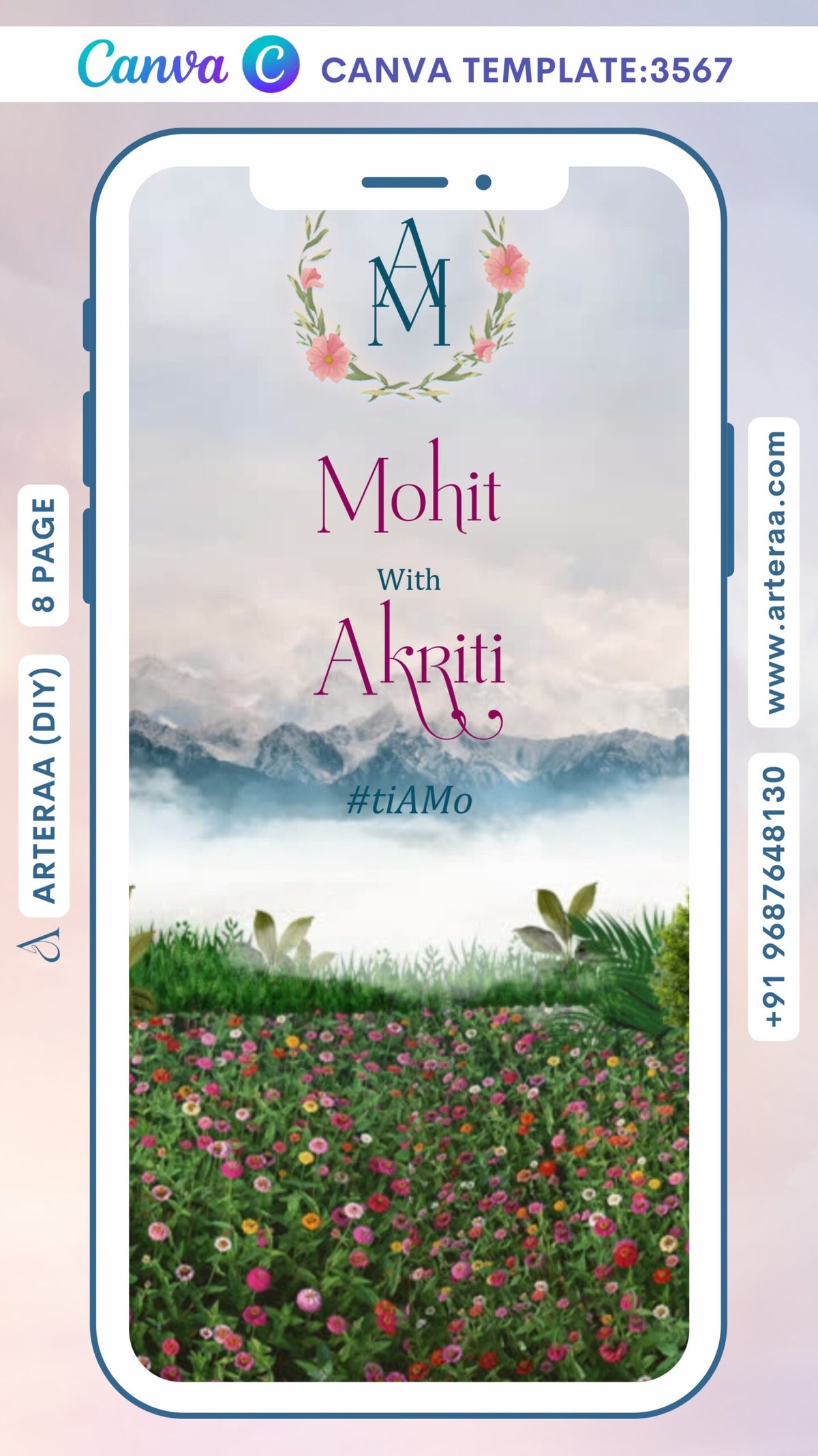 Wedding ceremony invitation Canva Editable video Template of hindu north indian family in English language with destination theme design 3567