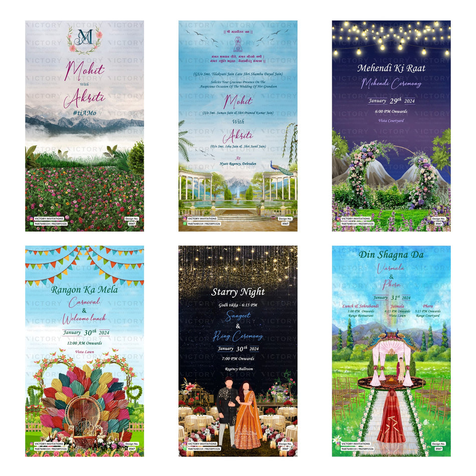 Traditional Indian wedding digital invitation card set 3567 featuring Mohit and Akriti, Mehendi Ki Raat, Rangon Ka Mela, Starry Night Sangeet, Ring Ceremony, and Din Shagna Da templates.