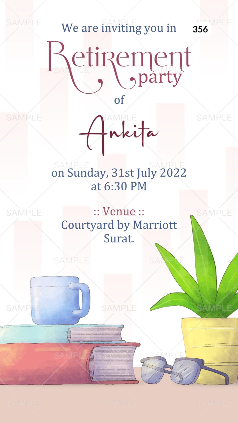Retirement Party invitation card Canva Editable Template in english language with book, as minimalistic theme design 356
