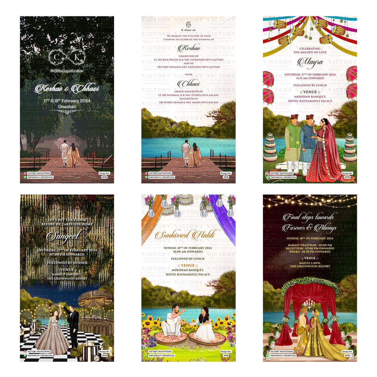 Traditional Indian wedding digital invitation card set 3570 featuring Keshav and Chhavi, Mayra, Sangeet, Sunkissed Haldi, and Reception templates.