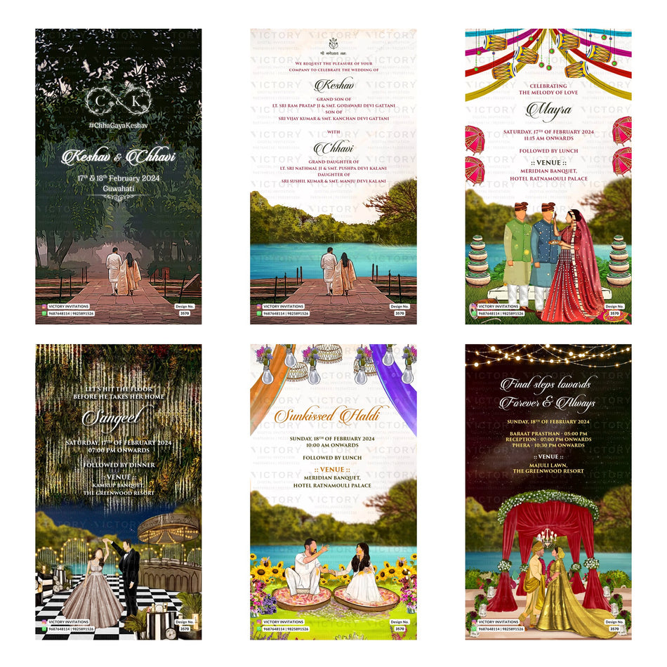 Traditional Indian wedding digital invitation card set 3570 featuring Keshav and Chhavi, Mayra, Sangeet, Sunkissed Haldi, and Reception templates.