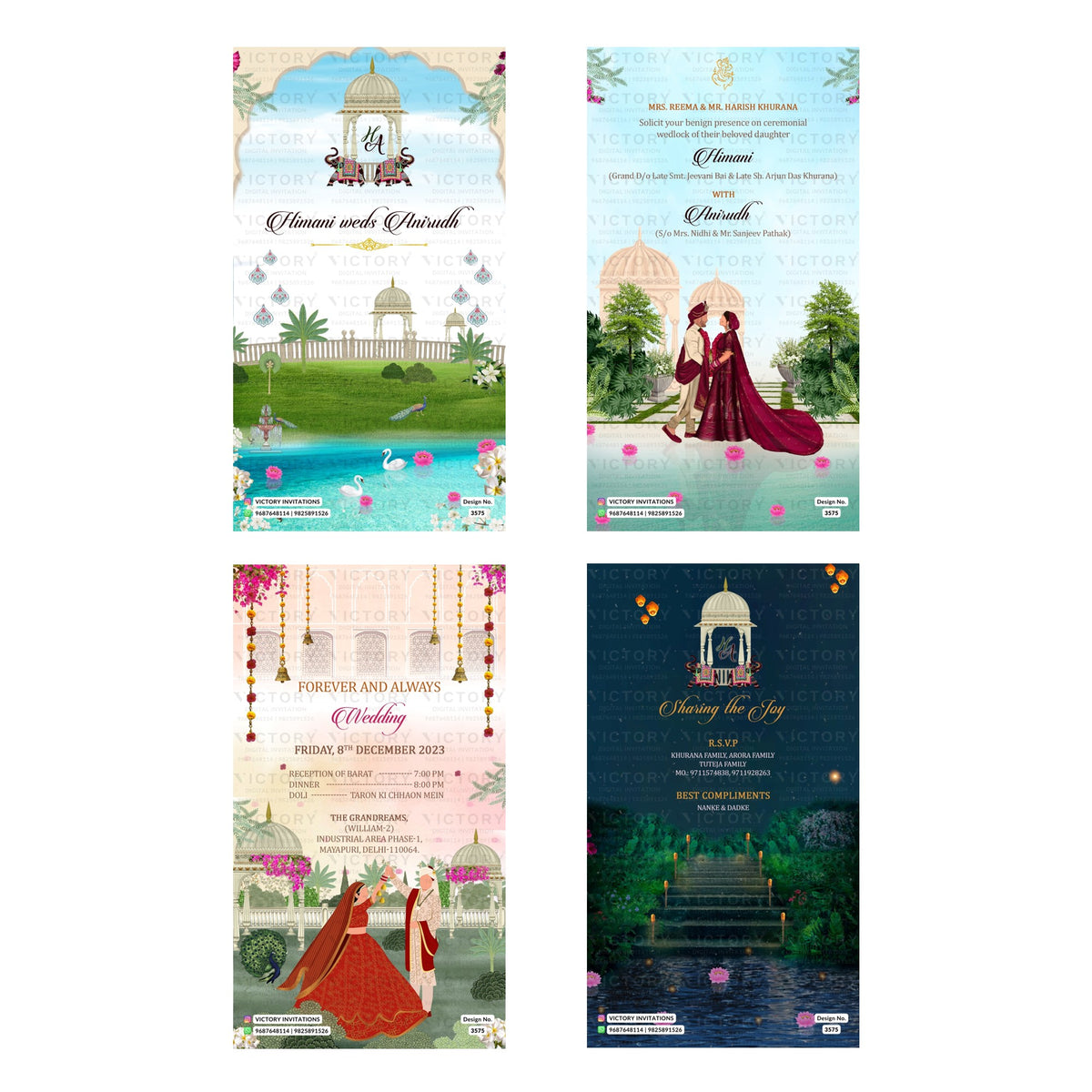 Traditional Indian wedding digital invitation card set 3575 featuring Himani and Anirudh templates with Khurana and Arora family branding   