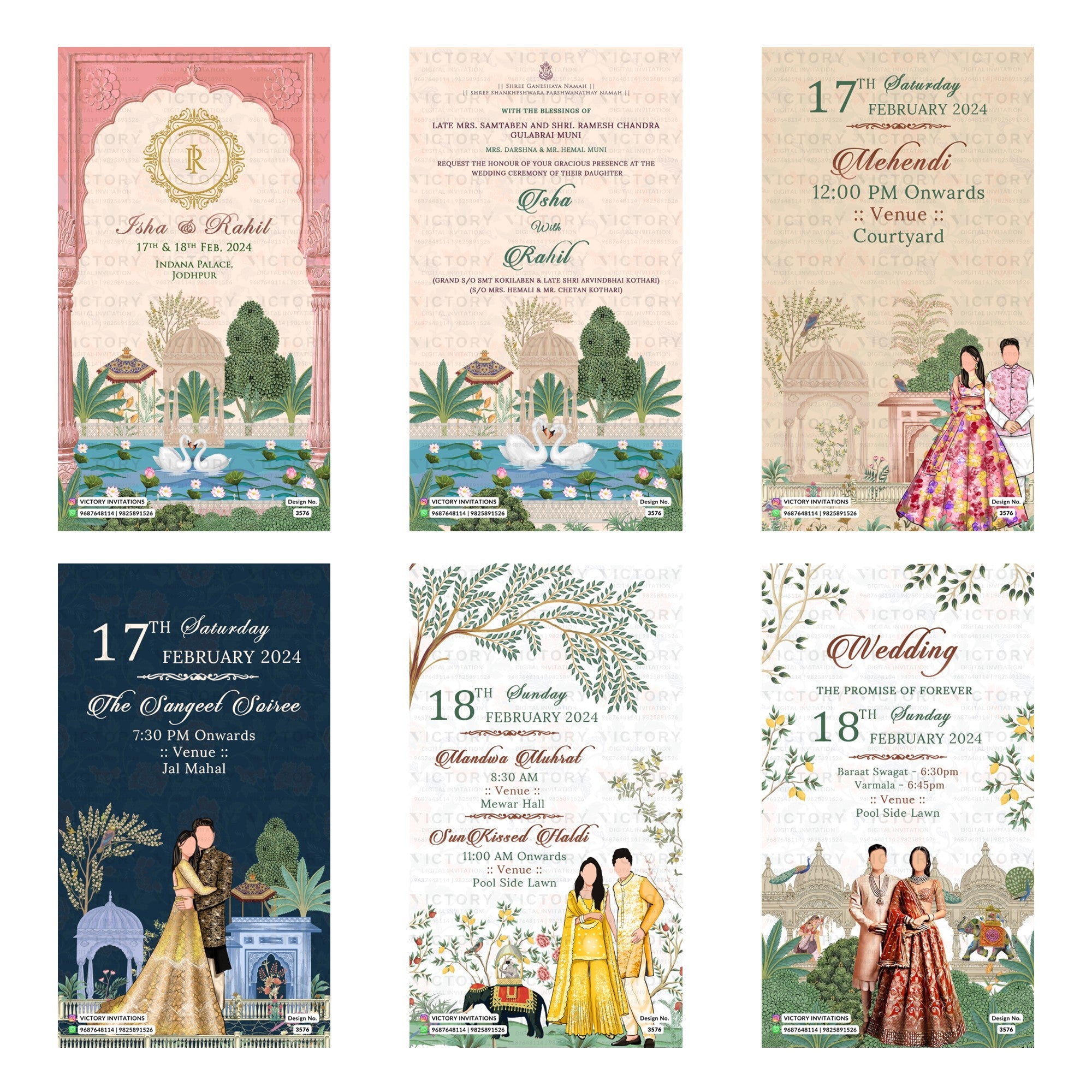 Traditional Indian wedding digital invitation card set 3576 featuring Isha and Rahil, Mehendi, The Sangeet Soiree, Mandwa Muhurt, Sun Kissed Haldi, and Wedding templates.