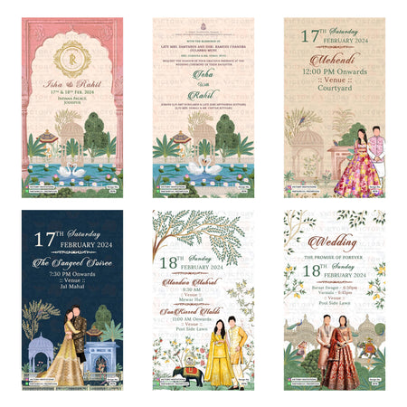 Traditional Indian wedding digital invitation card set 3576 featuring Isha and Rahil, Mehendi, The Sangeet Soiree, Mandwa Muhurt, Sun Kissed Haldi, and Wedding templates.