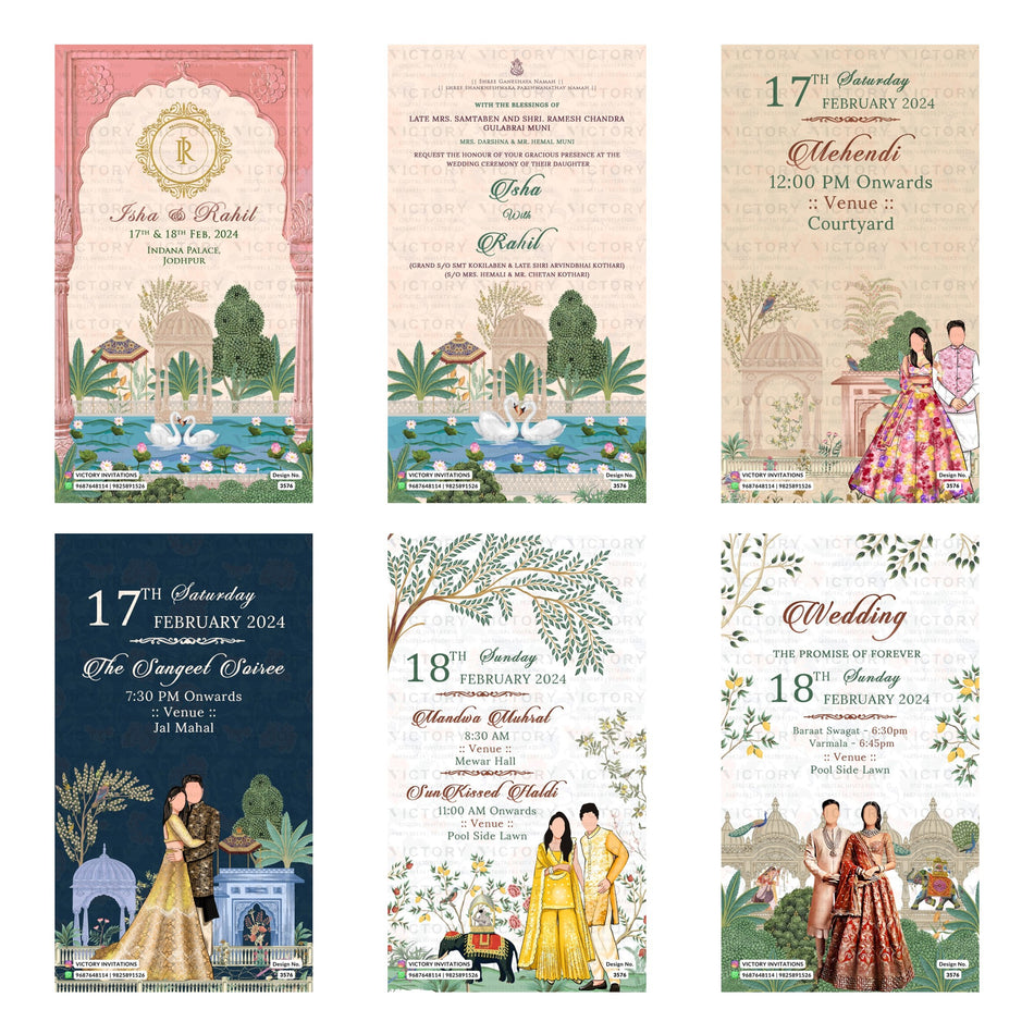 Traditional Indian wedding digital invitation card set 3576 featuring Isha and Rahil, Mehendi, The Sangeet Soiree, Mandwa Muhurt, Sun Kissed Haldi, and Wedding templates.