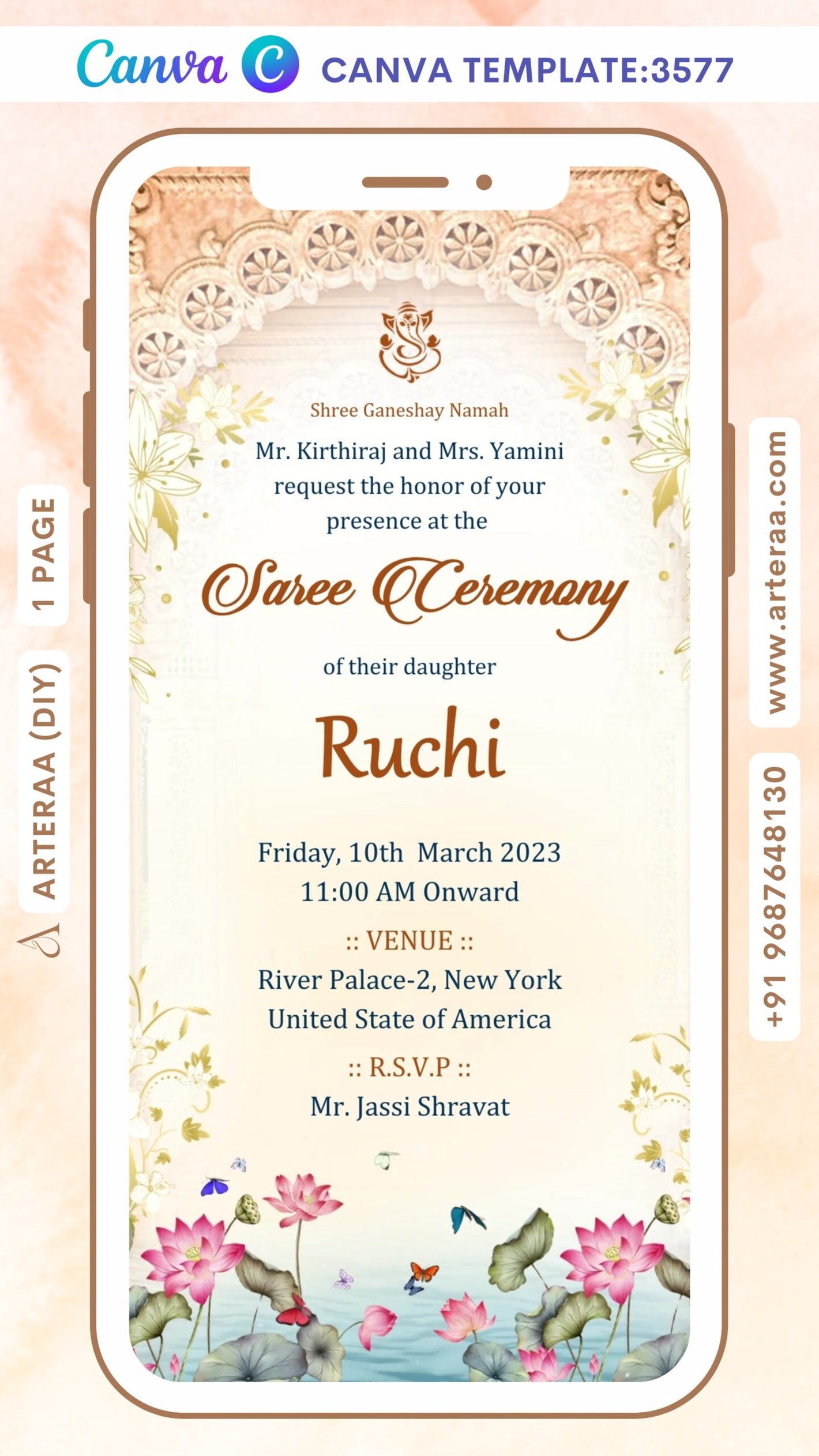 Wedding ceremony invitation Canva Editable video Template of hindu punjabi sikh family in english language with vintage theme design 3577