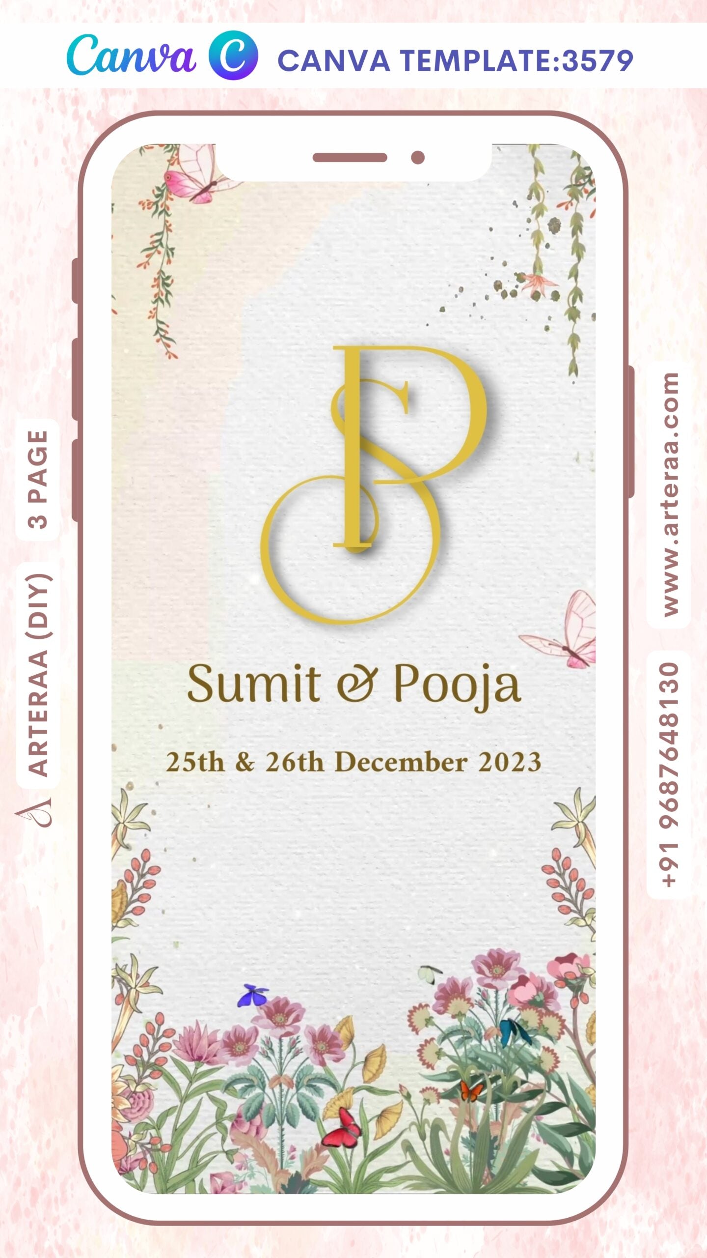 Wedding ceremony invitation Canva Editable video Template of hindu maharashtrian marathi family in English language with Floral theme design 3579