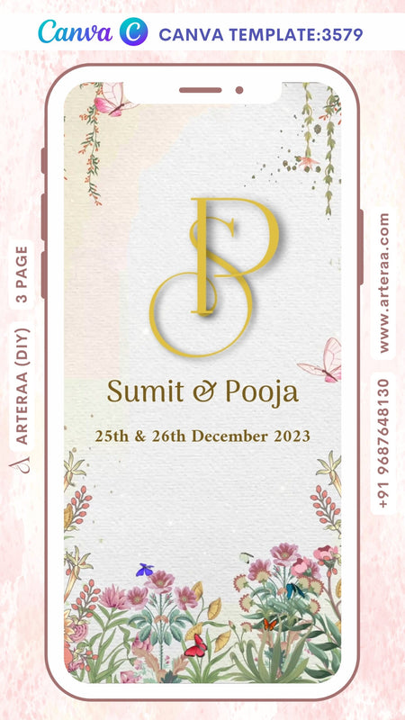 Wedding ceremony invitation Canva Editable video Template of hindu maharashtrian marathi family in English language with Floral theme design 3579