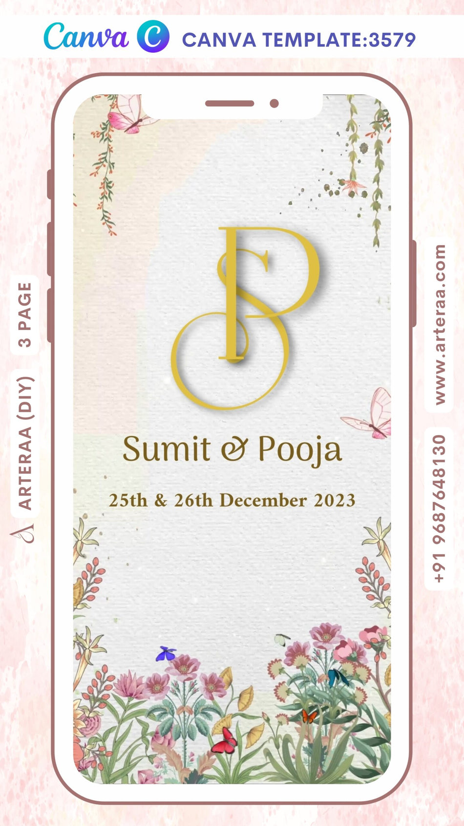 Wedding ceremony invitation Canva Editable video Template of hindu maharashtrian marathi family in English language with Floral theme design 3579
