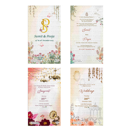 Traditional Indian wedding digital invitation card set 3579 featuring Sumit and Pooja templates with family branding and floral artwork   