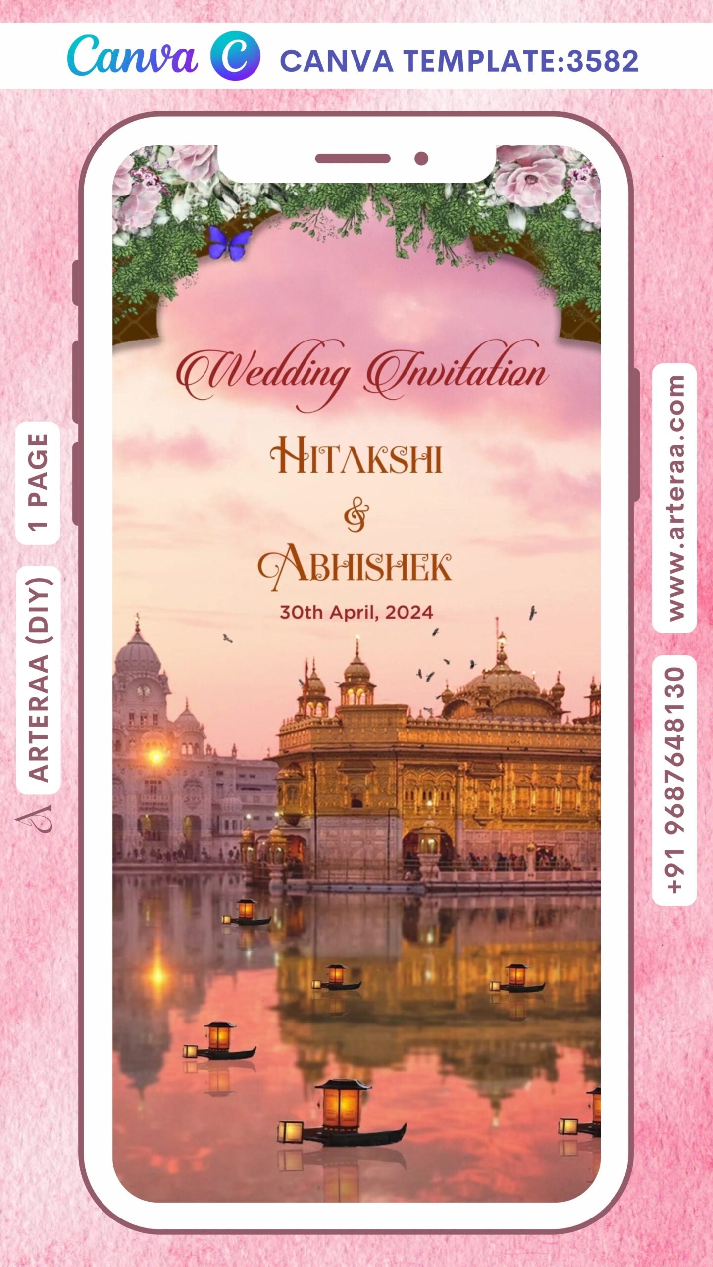 Wedding ceremony invitation Canva Editable video Template of hindu punjabi sikh family in english language with traditional theme design 3582