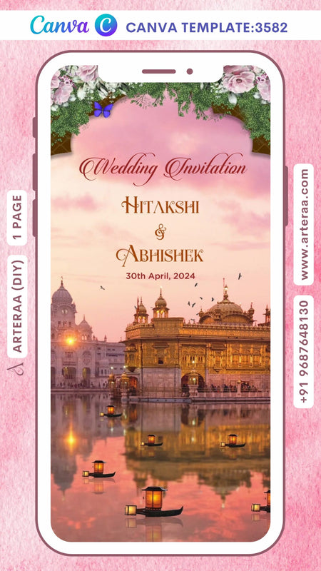 Wedding ceremony invitation Canva Editable video Template of hindu punjabi sikh family in english language with traditional theme design 3582