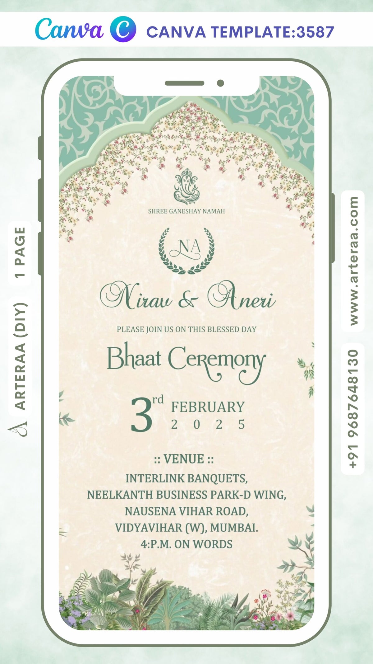 Bhaat Ceremony invitation Canva Editable video Template in english language with couple logo, arch as traditional theme design 3587