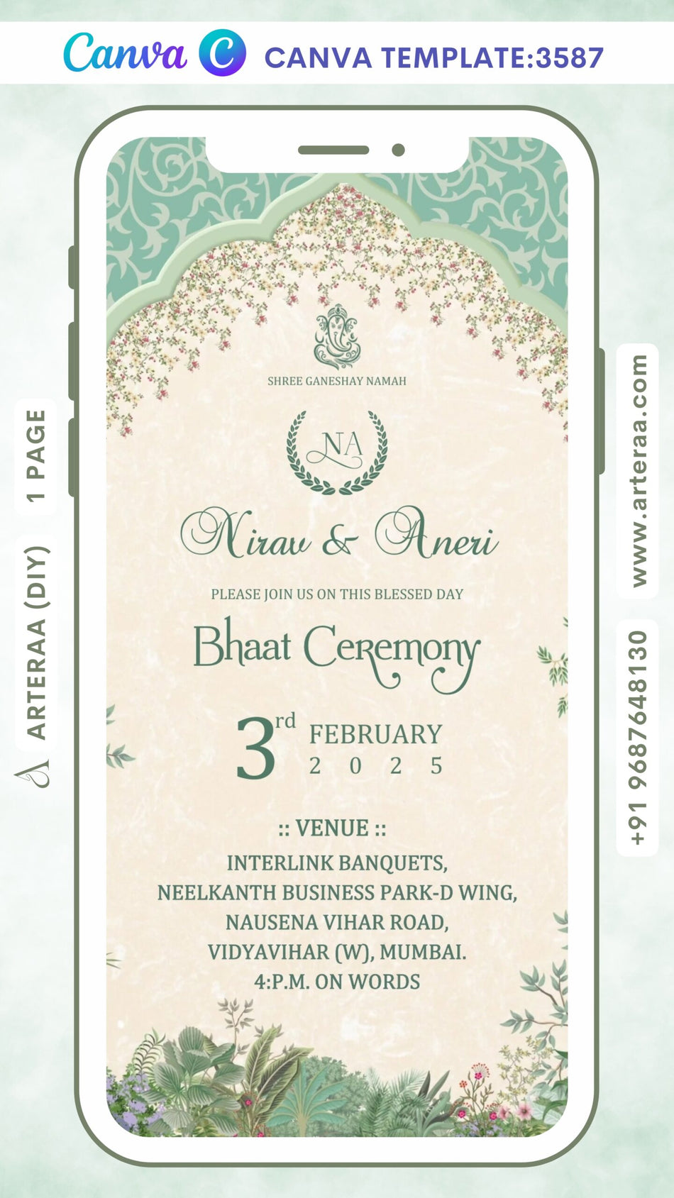Bhaat Ceremony invitation Canva Editable video Template in english language with couple logo, arch as traditional theme design 3587