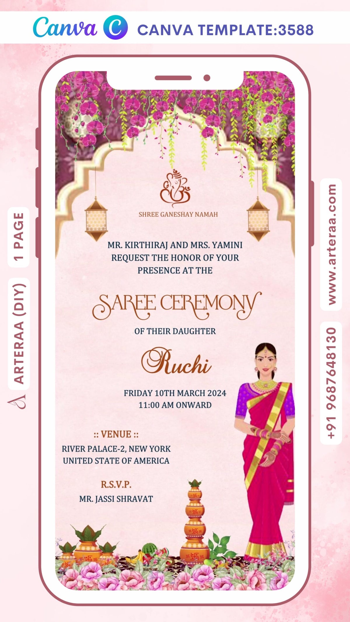 Half Saree ceremony invitation Canva Editable video Template in english language with traditional theme design 3588