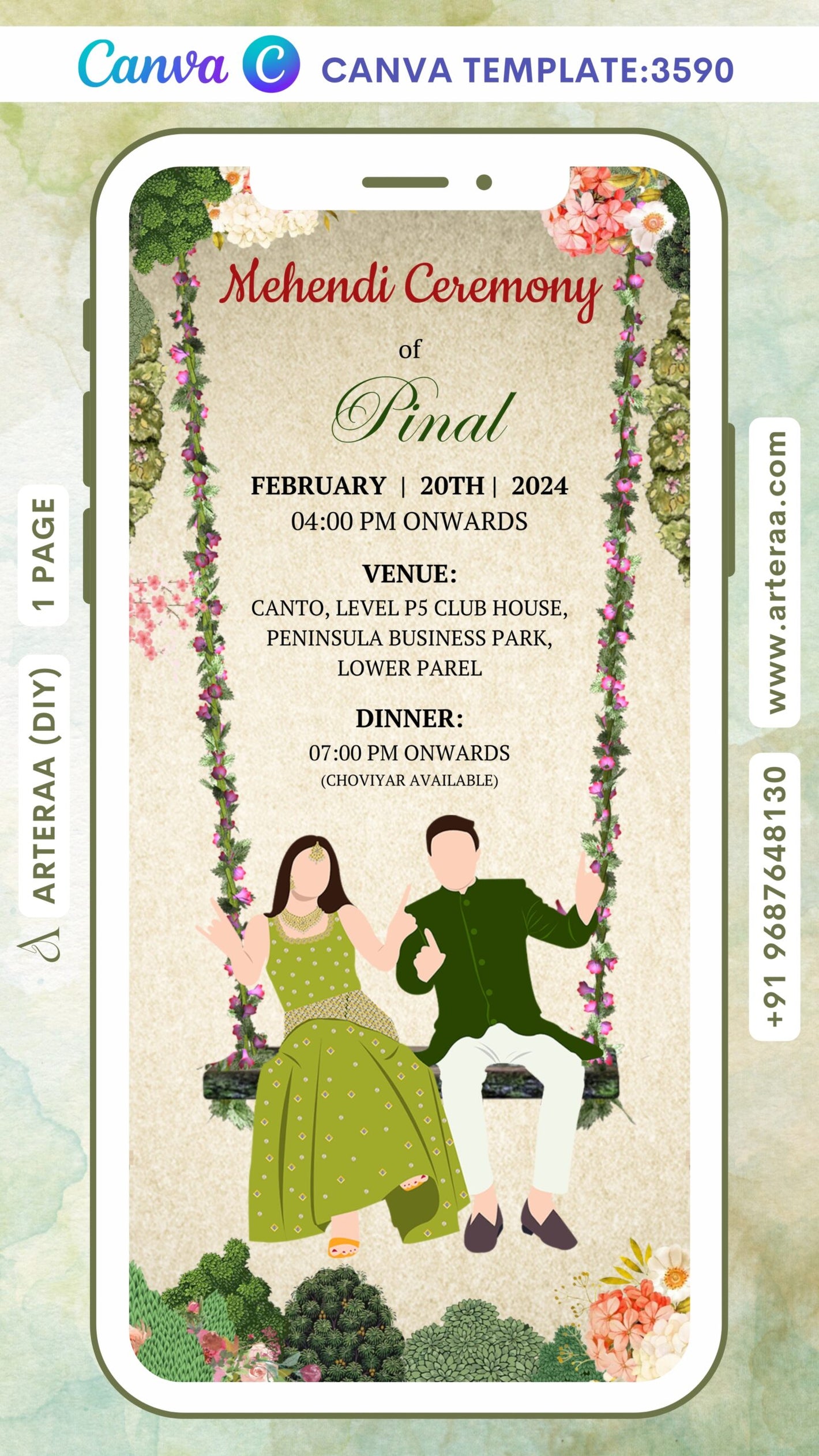 Mehendi ceremony invitation Canva Editable video Template in english language with swing, couple doodle, flowers as garden theme design 3590