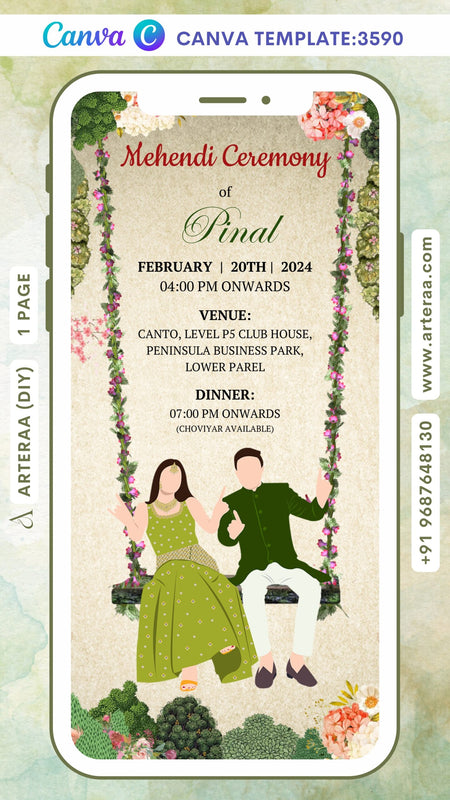 Mehendi ceremony invitation Canva Editable video Template in english language with swing, couple doodle, flowers as garden theme design 3590