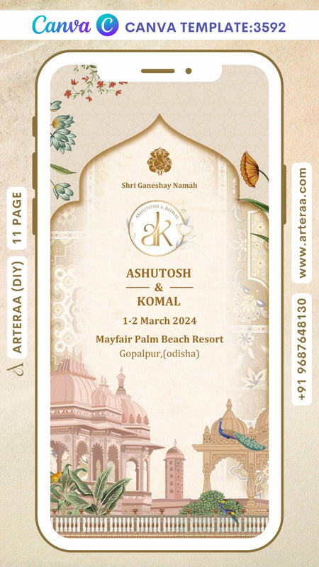 Wedding ceremony invitation Canva Editable video Template of hindu Odiya family in English language with Vintage theme design 3592
