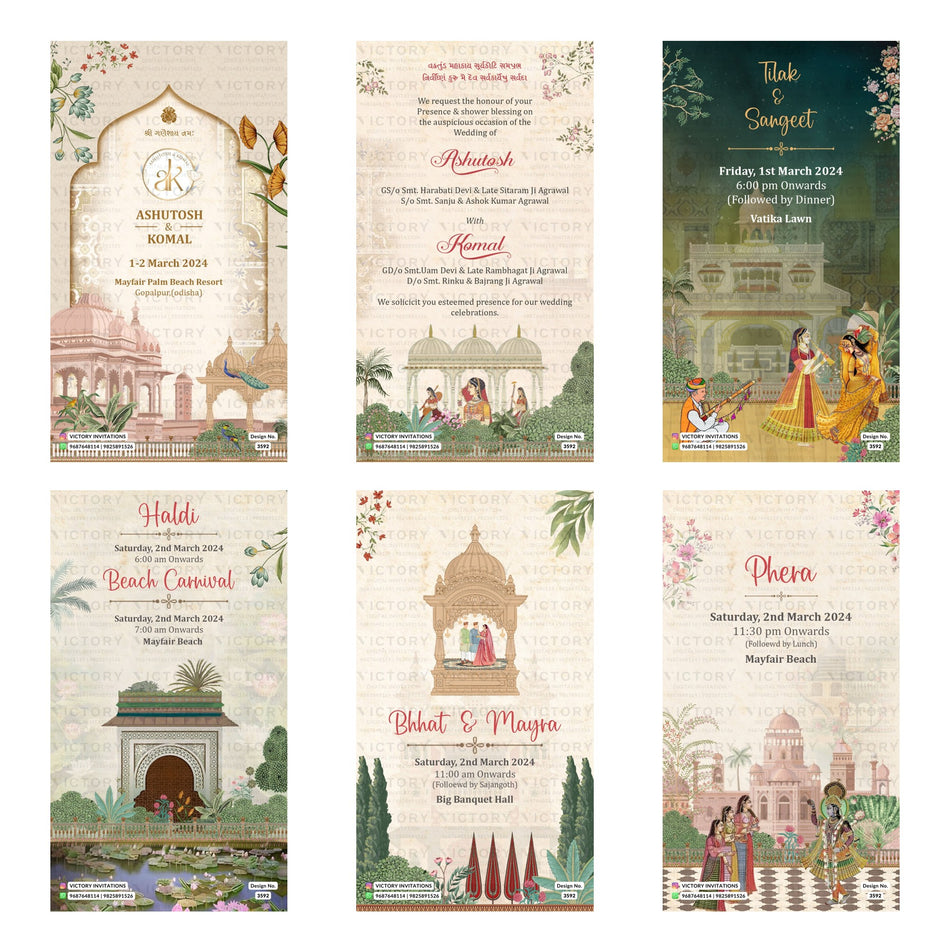 Traditional Indian wedding digital invitation card set 3592 featuring Ashutosh and Komal, Tilak & Sangeet, Haldi Beach Carnival, Bhat & Mayra, and Phera templates.