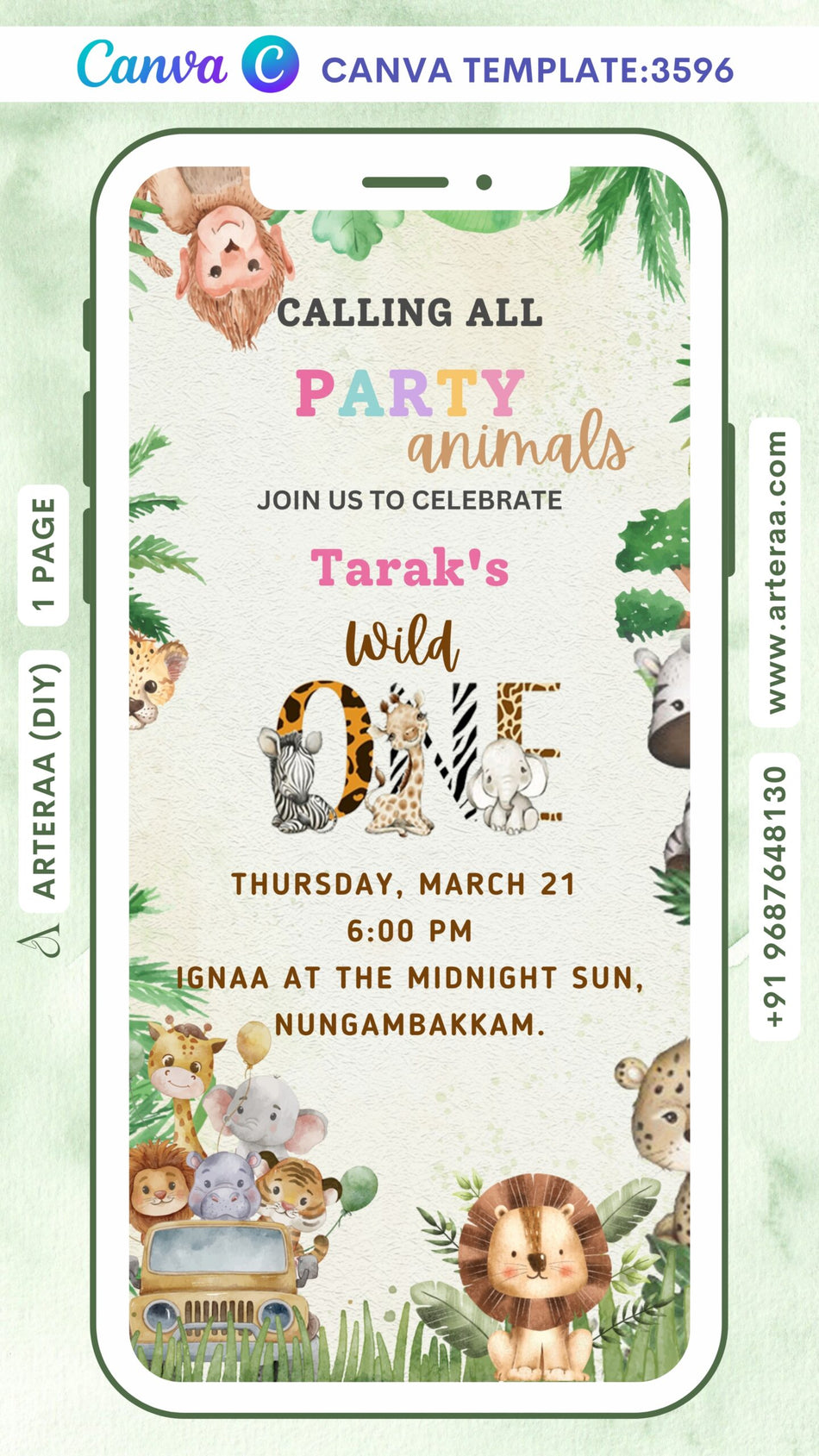 Birthday party invitation Canva Editable video Template in English language with animal as jungle theme design 3596