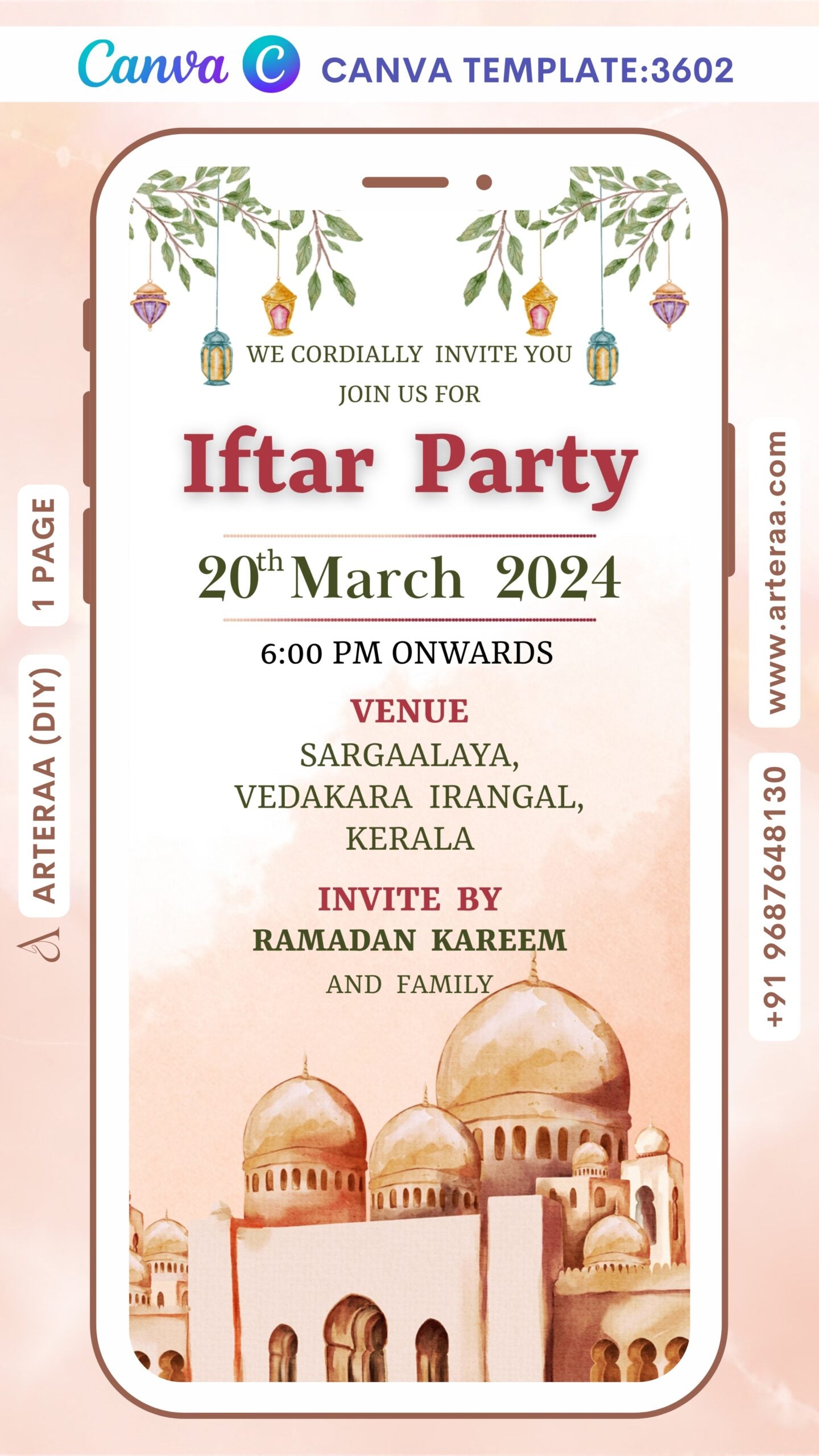 Iftar Party invitation Canva Editable video Template in english language with leaves, lantern as Masjid theme design 3602