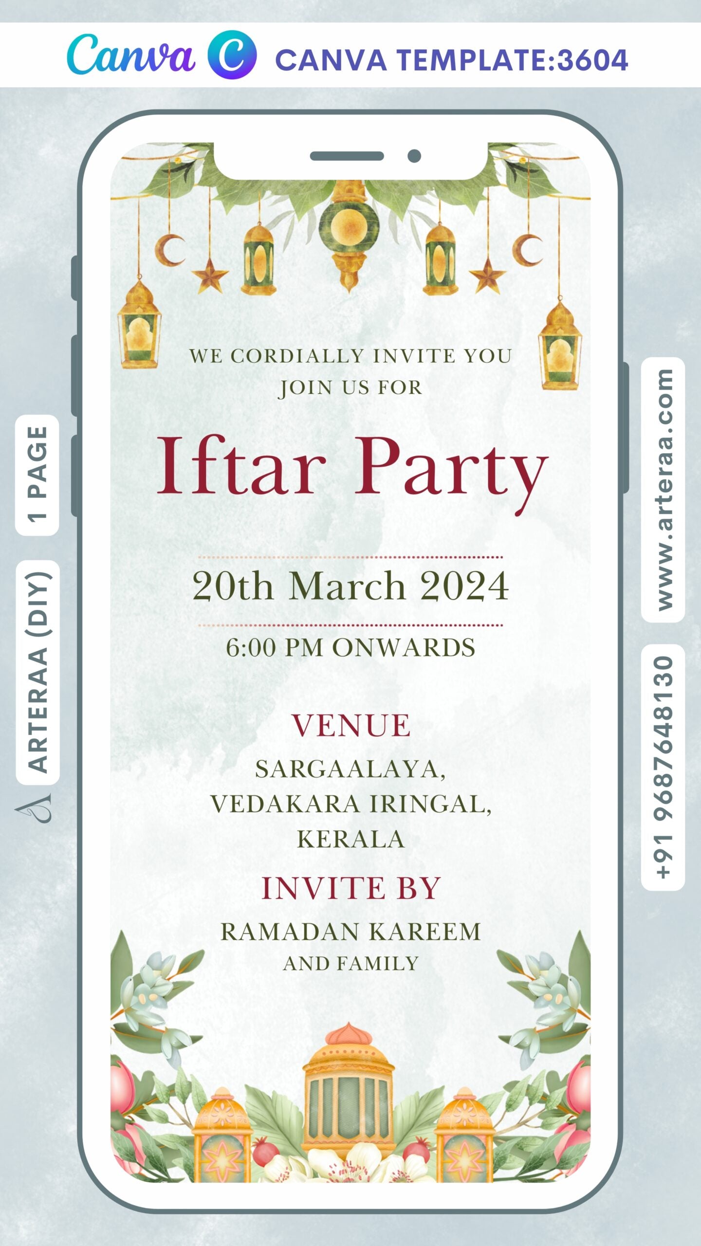 Iftar Party invitation Canva Editable video Template in english language with flowers, leaves as floral theme design 3604