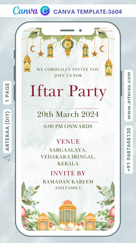 Iftar Party invitation Canva Editable video Template in english language with flowers, leaves as floral theme design 3604