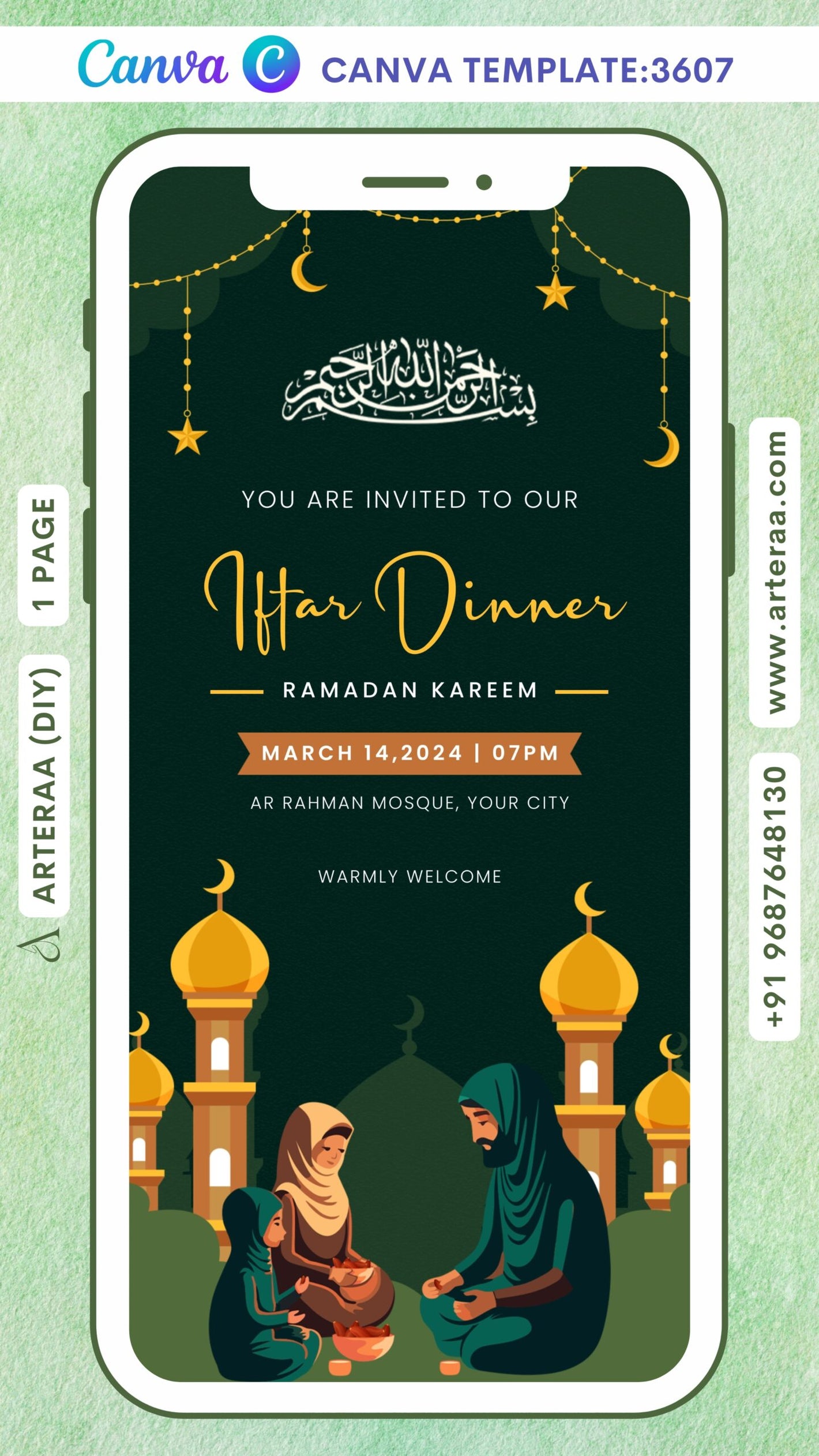 Iftar Party invitation Canva Editable video Template in english language with muslim family doodle, masjid as night view theme design 3607
